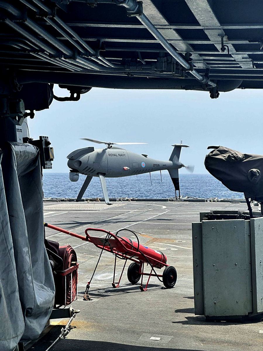 A Peregrine Rotary Wing UAV (operated by 700X Naval Air Squadron) on the flight deck of HMS Lancaster during trials in the Gulf of Oman UK MOD © Crown copyright 2025