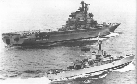 The Kiev followed by HMS Danae as she sails up north towards the Shetland-Faeroes Gap. August 1976